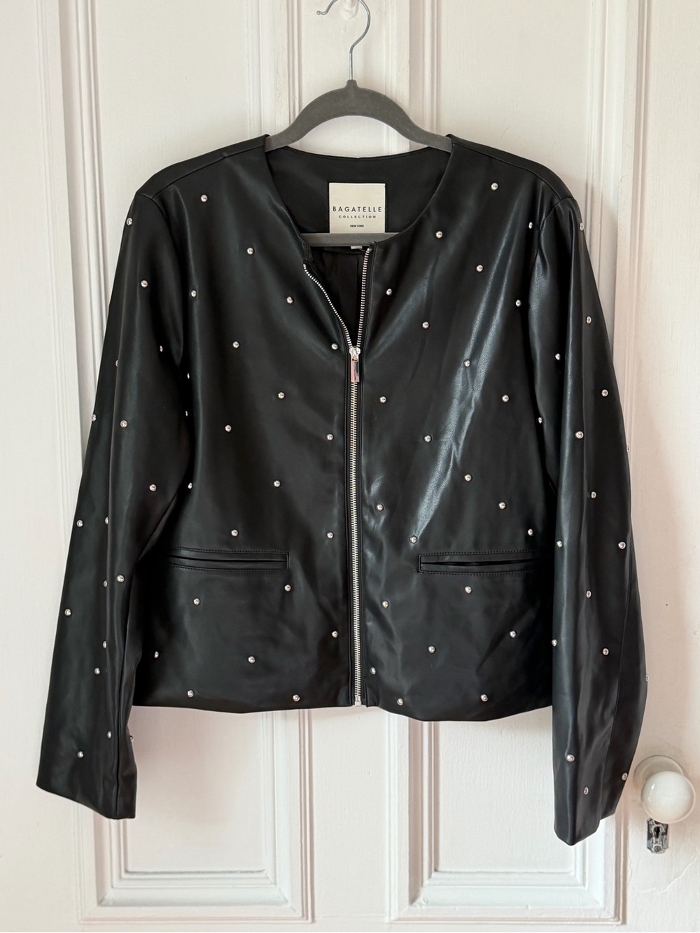 Black Bagatelle Faux Leather Zip Up Welt Pocket Studded Lined Size Large